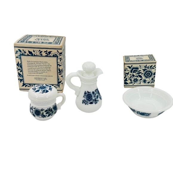 Vintage Avon Delft Blue Floral Pitcher, Bowl & Cup Skin So Soft with Boxes - Picture 2 of 16